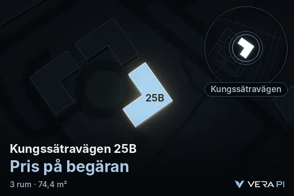 VERA PI's image of Kungssätravägen 25B: the building in 3D, lit in blue, and the map around it