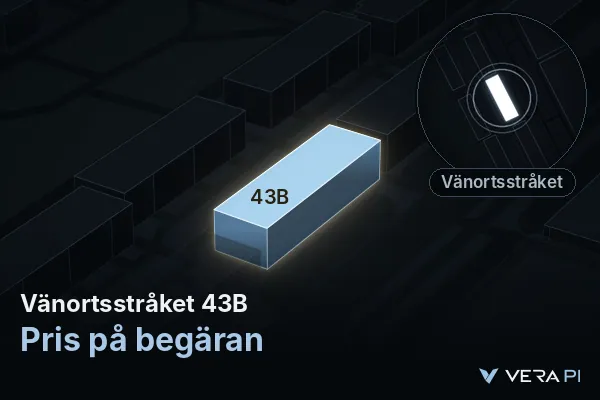 VERA PI's image of Vänortsstråket 43B: the building in 3D, lit in blue, and the map around it