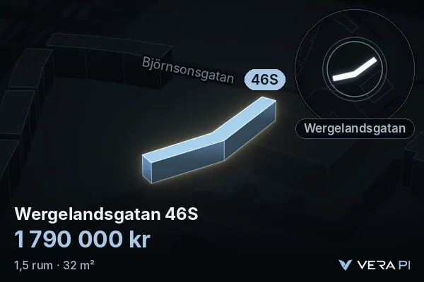 VERA PI:s bild av Wergelandsgatan 46S: huset i 3D, upplyst i blått, och kartan runt omkring