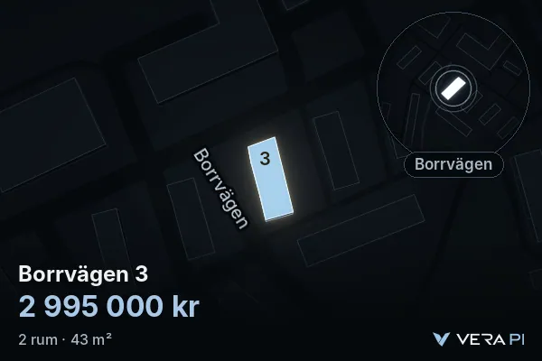 VERA PI's image of Borrvägen 3: the building in 3D, lit in blue, and the map around it