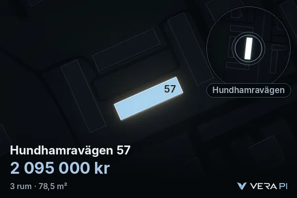 VERA PI's image of Hundhamravägen 57: the building in 3D, lit in blue, and the map around it
