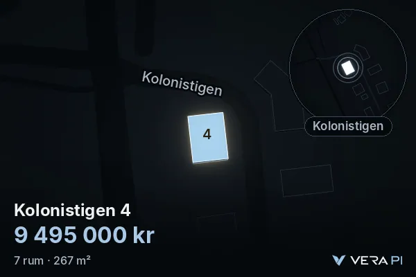 VERA PI's image of Kolonistigen 4: the building in 3D, lit in blue, and the map around it