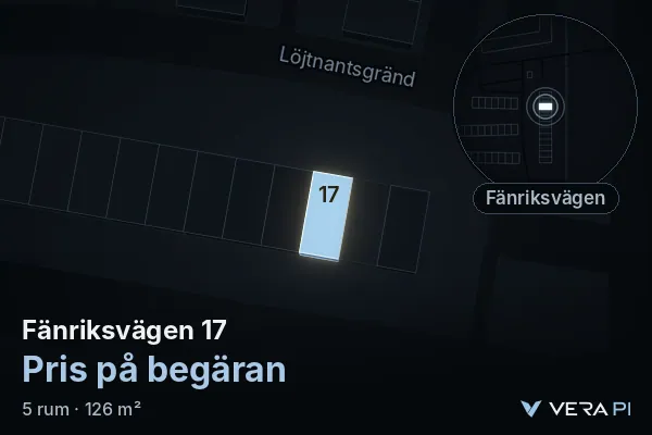 VERA PI's image of Fänriksvägen 17: the building in 3D, lit in blue, and the map around it