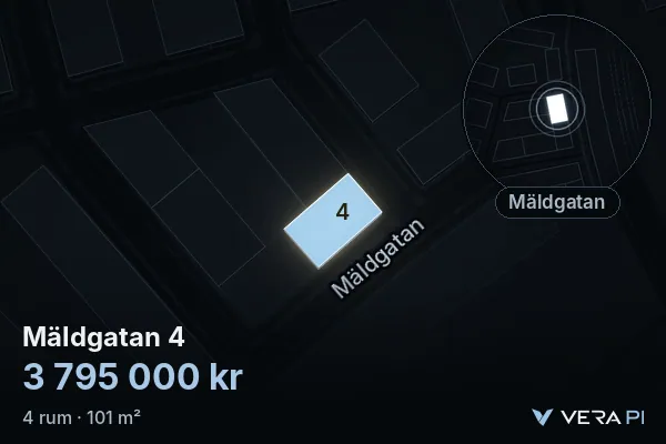 VERA PI's image of Mäldgatan 4: the building in 3D, lit in blue, and the map around it