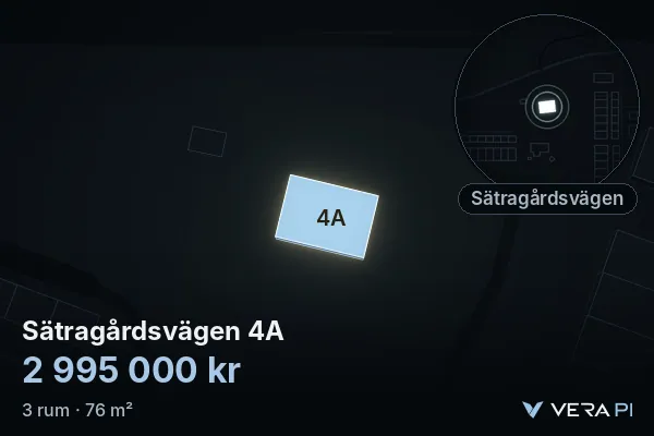 VERA PI's image of Sätragårdsvägen 4A: the building in 3D, lit in blue, and the map around it