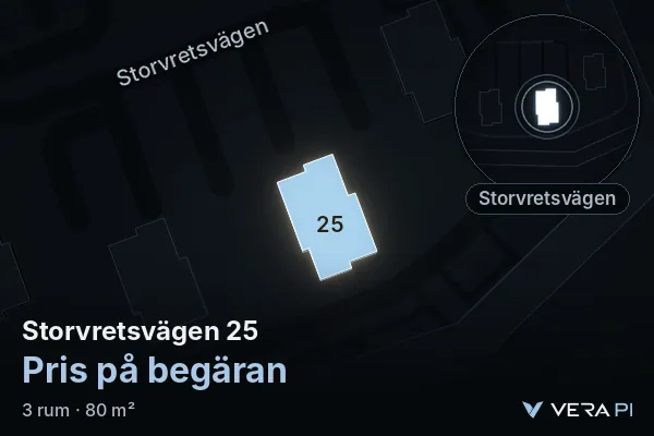 VERA PI:s bild av Storvretsvägen 25: huset i 3D, upplyst i blått, och kartan runt omkring