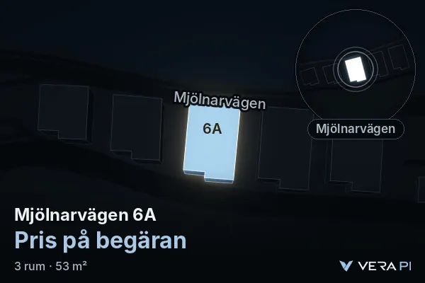 VERA PI:s bild av Mjölnarvägen 6A: huset i 3D, upplyst i blått, och kartan runt omkring