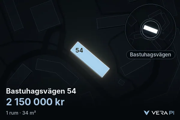 VERA PI:s bild av Bastuhagsvägen 54: huset i 3D, upplyst i blått, och kartan runt omkring