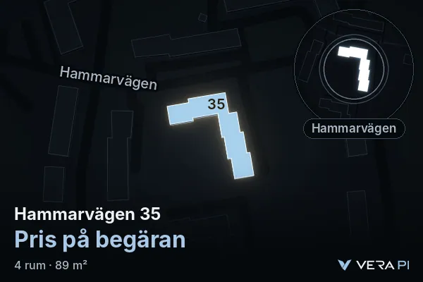 VERA PI's image of Hammarvägen 35: the building in 3D, lit in blue, and the map around it