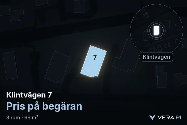 VERA PI:s bild av Klintvägen 7: huset i 3D, upplyst i blått, och kartan runt omkring