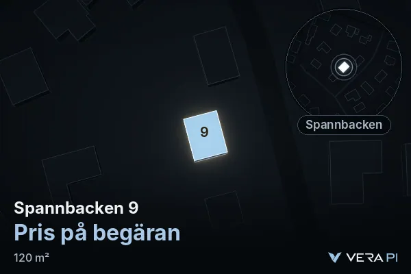 VERA PI:s bild av Spannbacken 9: huset i 3D, upplyst i blått, och kartan runt omkring