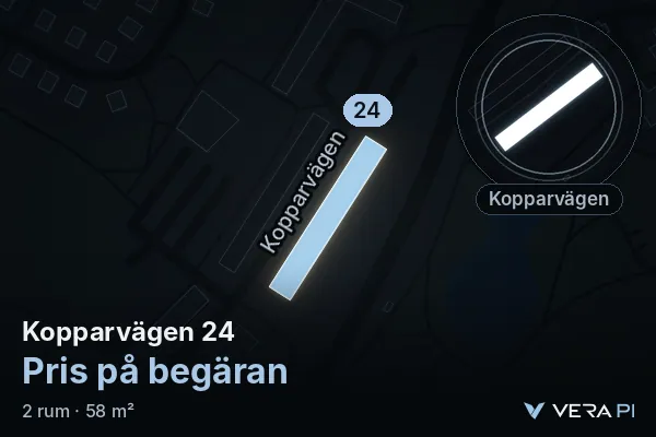 VERA PI's image of Kopparvägen 24: the building in 3D, lit in blue, and the map around it