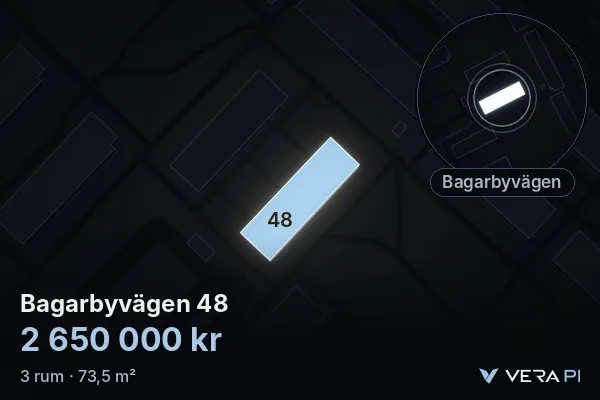 VERA PI's image of Bagarbyvägen 48: the building in 3D, lit in blue, and the map around it