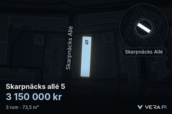 VERA PI:s bild av Skarpnäcks allé 5: huset i 3D, upplyst i blått, och kartan runt omkring