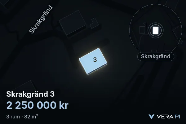 VERA PI's image of Skrakgränd 3: the building in 3D, lit in blue, and the map around it