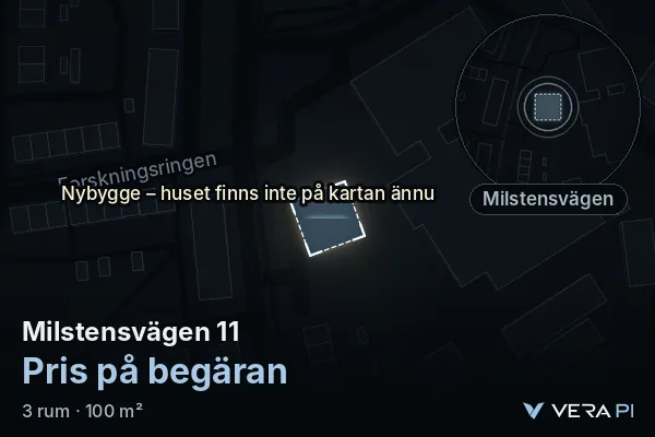 VERA PI:s bild av Milstensvägen 11: huset i 3D, upplyst i blått, och kartan runt omkring