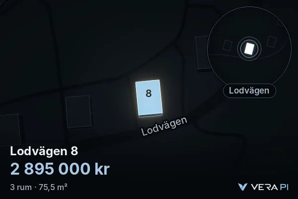 VERA PI's image of Lodvägen 8: the building in 3D, lit in blue, and the map around it