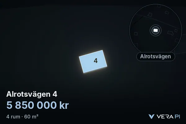 VERA PI:s bild av Alrotsvägen 4: huset i 3D, upplyst i blått, och kartan runt omkring