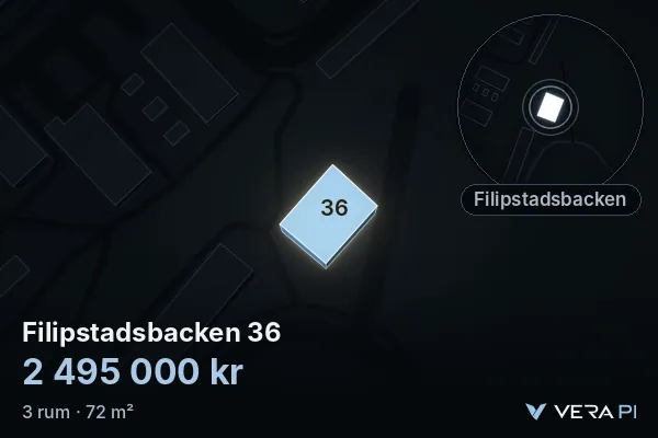 VERA PI:s bild av Filipstadsbacken 36: huset i 3D, upplyst i blått, och kartan runt omkring