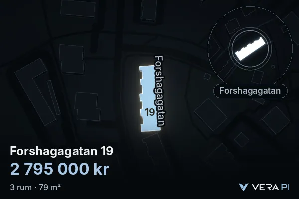 VERA PI:s bild av Forshagagatan 19: huset i 3D, upplyst i blått, och kartan runt omkring
