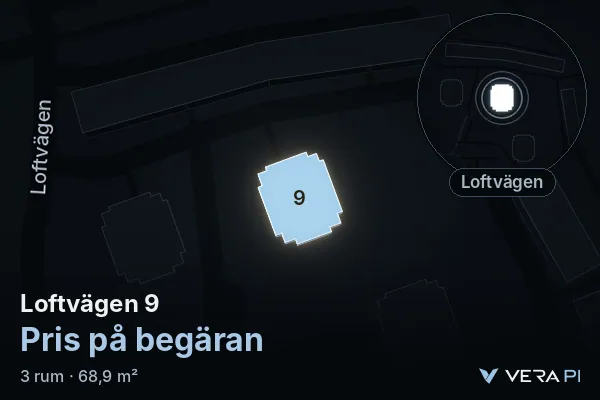 VERA PI:s bild av Loftvägen 9: huset i 3D, upplyst i blått, och kartan runt omkring