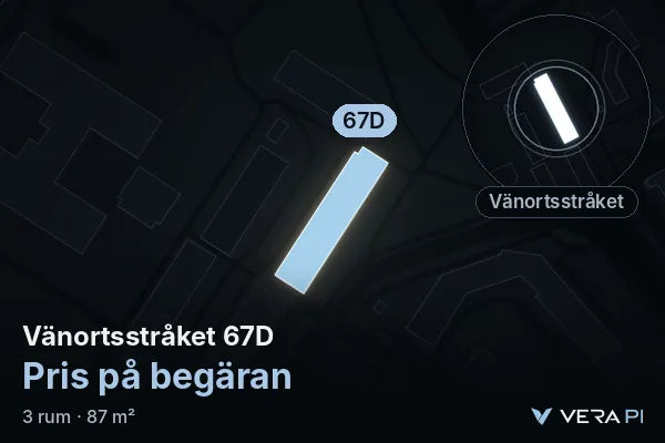 VERA PI's image of Vänortsstråket 67D: the building in 3D, lit in blue, and the map around it