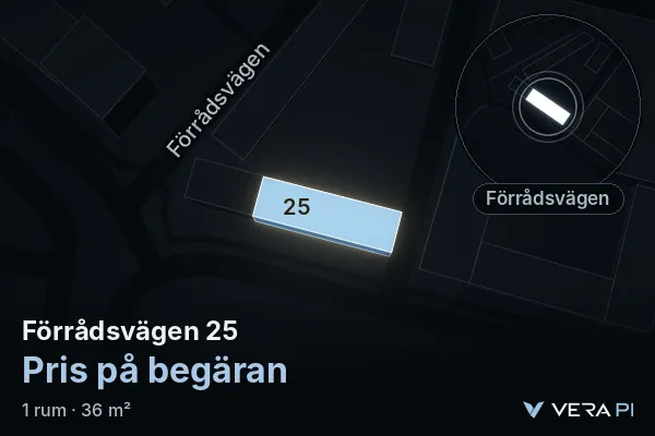 VERA PI:s bild av Förrådsvägen 25: huset i 3D, upplyst i blått, och kartan runt omkring
