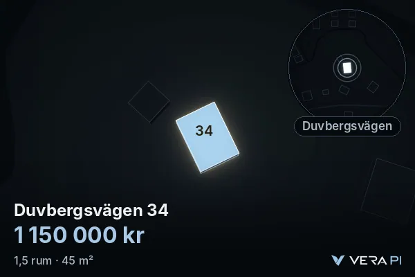 VERA PI:s bild av Duvbergsvägen 34: huset i 3D, upplyst i blått, och kartan runt omkring