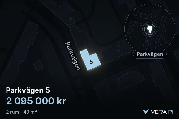 VERA PI's image of Parkvägen 5: the building in 3D, lit in blue, and the map around it