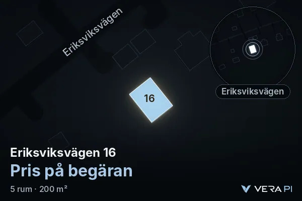 VERA PI:s bild av Eriksviksvägen 16: huset i 3D, upplyst i blått, och kartan runt omkring