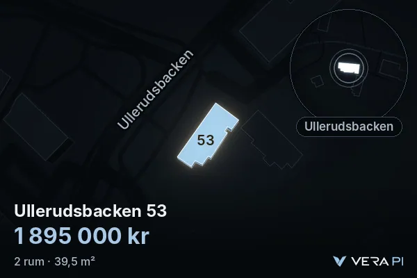 VERA PI's image of Ullerudsbacken 53: the building in 3D, lit in blue, and the map around it
