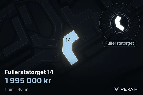 VERA PI's image of Fullerstatorget 14: the building in 3D, lit in blue, and the map around it