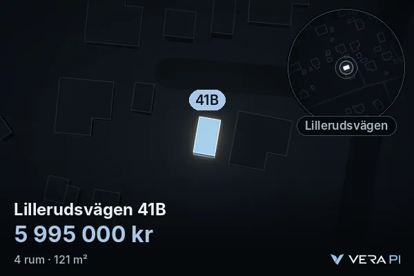 VERA PI:s bild av Lillerudsvägen 41B: huset i 3D, upplyst i blått, och kartan runt omkring