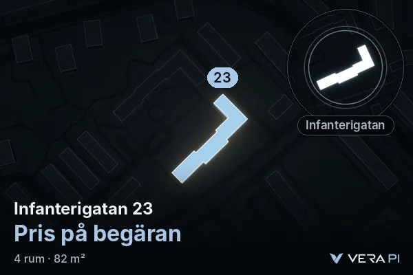 VERA PI:s bild av Infanterigatan 23: huset i 3D, upplyst i blått, och kartan runt omkring