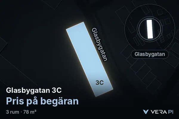VERA PI:s bild av Glasbygatan 3C: huset i 3D, upplyst i blått, och kartan runt omkring