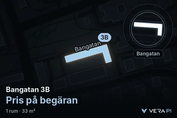 VERA PI:s bild av Bangatan 3B: huset i 3D, upplyst i blått, och kartan runt omkring