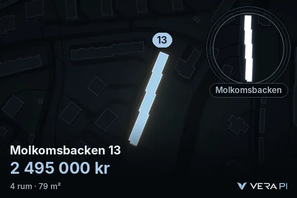 VERA PI:s bild av Molkomsbacken 13: huset i 3D, upplyst i blått, och kartan runt omkring