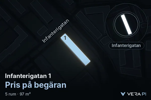 VERA PI:s bild av Infanterigatan 1: huset i 3D, upplyst i blått, och kartan runt omkring