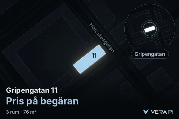 VERA PI's image of Gripengatan 11: the building in 3D, lit in blue, and the map around it