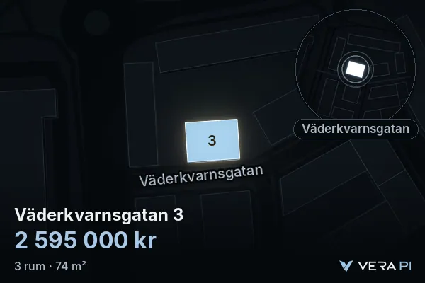 VERA PI's image of Väderkvarnsgatan 3: the building in 3D, lit in blue, and the map around it