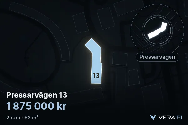 VERA PI's image of Pressarvägen 13: the building in 3D, lit in blue, and the map around it