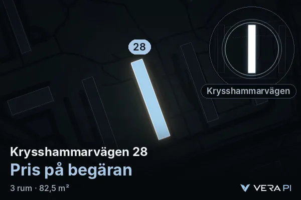 VERA PI:s bild av Krysshammarvägen 28: huset i 3D, upplyst i blått, och kartan runt omkring