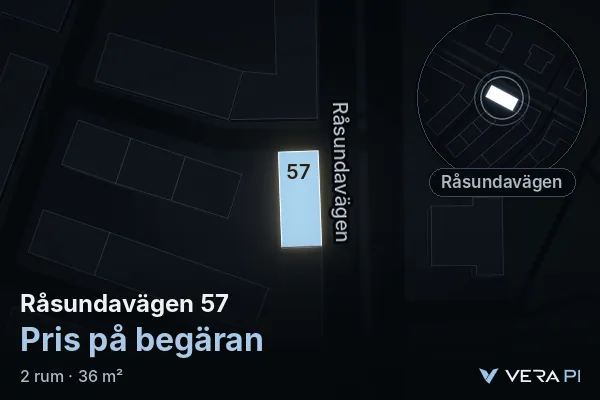 VERA PI:s bild av Råsundavägen 57: huset i 3D, upplyst i blått, och kartan runt omkring