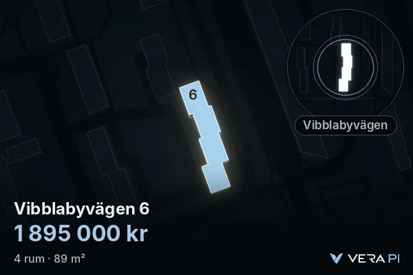VERA PI's image of Vibblabyvägen 6: the building in 3D, lit in blue, and the map around it