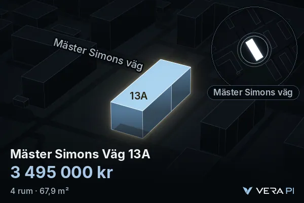 VERA PI:s bild av Mäster Simons Väg 13A: huset i 3D, upplyst i blått, och kartan runt omkring