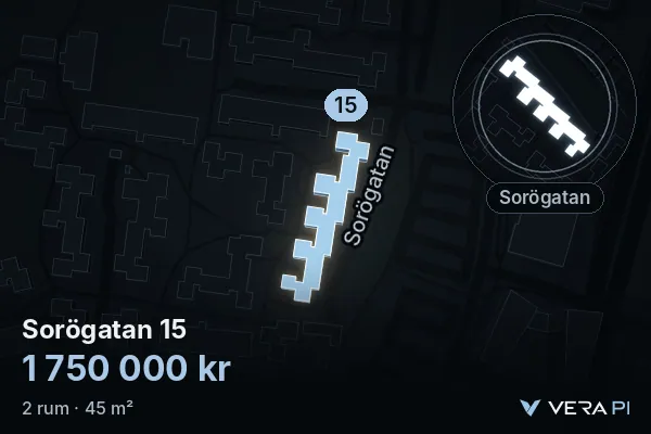 VERA PI's image of Sorögatan 15: the building in 3D, lit in blue, and the map around it