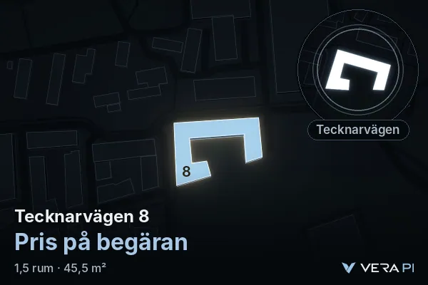 VERA PI:s bild av Tecknarvägen 8: huset i 3D, upplyst i blått, och kartan runt omkring