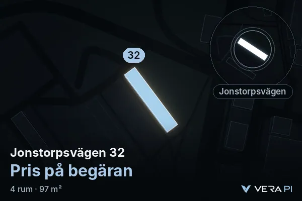 VERA PI:s bild av Jonstorpsvägen 32: huset i 3D, upplyst i blått, och kartan runt omkring