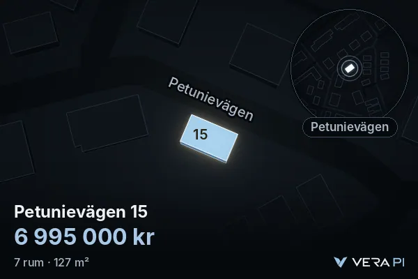 VERA PI's image of Petunievägen 15: the building in 3D, lit in blue, and the map around it
