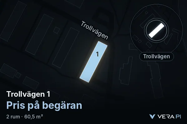 VERA PI's image of Trollvägen 1: the building in 3D, lit in blue, and the map around it